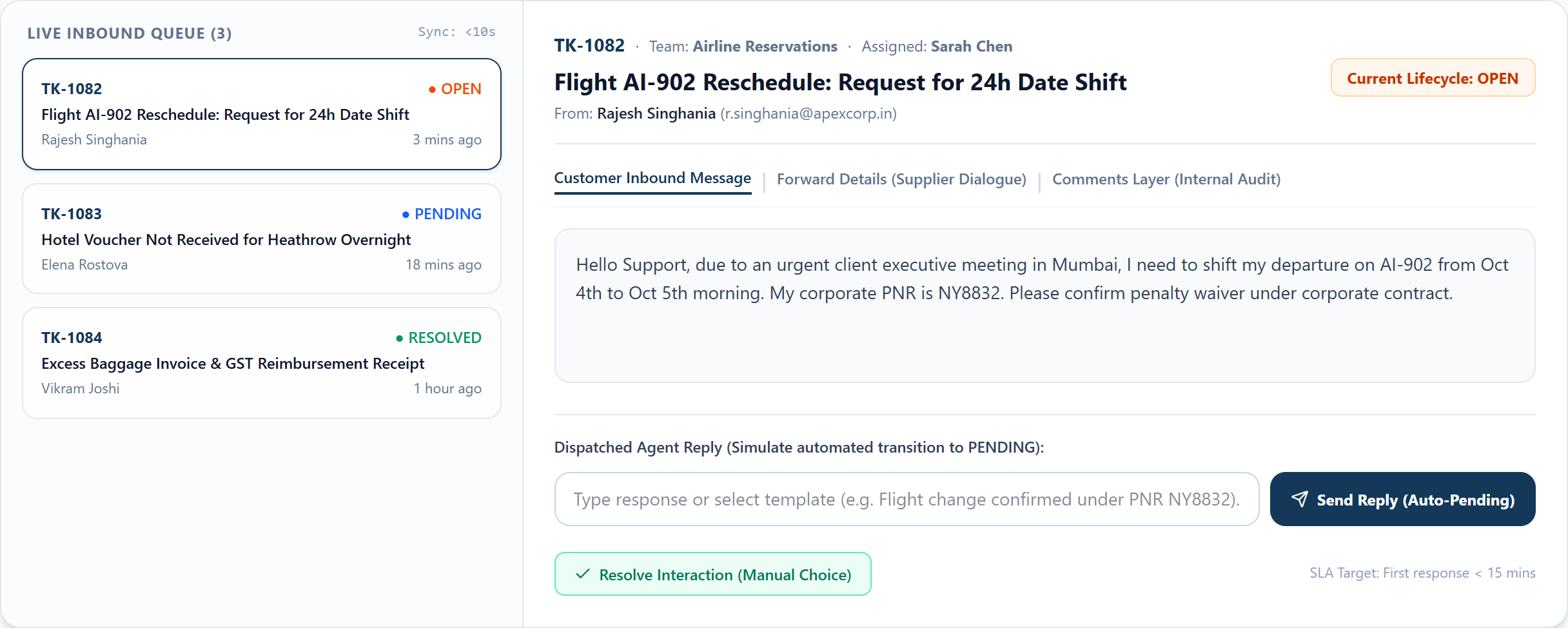 Illustration of the M-Reply email ticketing queue showing open, pending and resolved tickets beside the selected ticket and its reply box